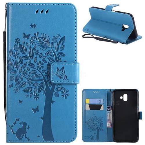 Embossing Butterfly Tree Leather Wallet Case for Samsung Galaxy J6 Plus / J6 Prime - Blue