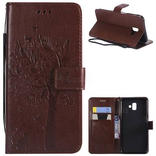 Embossing Butterfly Tree Leather Wallet Case for Samsung Galaxy J6 Plus / J6 Prime - Coffee