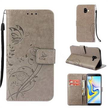 Embossing Butterfly Flower Leather Wallet Case for Samsung Galaxy J6 Plus / J6 Prime - Grey