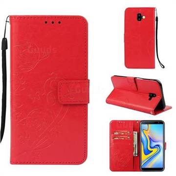 Embossing Butterfly Flower Leather Wallet Case for Samsung Galaxy J6 Plus / J6 Prime - Red