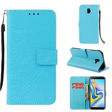 Embossing Butterfly Flower Leather Wallet Case for Samsung Galaxy J6 Plus / J6 Prime - Blue