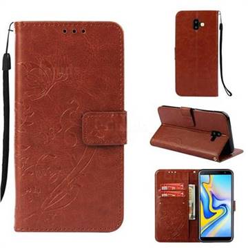 Embossing Butterfly Flower Leather Wallet Case for Samsung Galaxy J6 Plus / J6 Prime - Brown