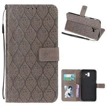 Intricate Embossing Rattan Flower Leather Wallet Case for Samsung Galaxy J6 Plus / J6 Prime - Grey