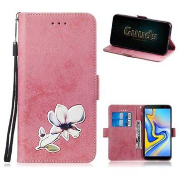 Retro Leather Phone Wallet Case with Aluminum Alloy Patch for Samsung Galaxy J6 Plus / J6 Prime - Pink