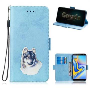 Retro Leather Phone Wallet Case with Aluminum Alloy Patch for Samsung Galaxy J6 Plus / J6 Prime - Light Blue