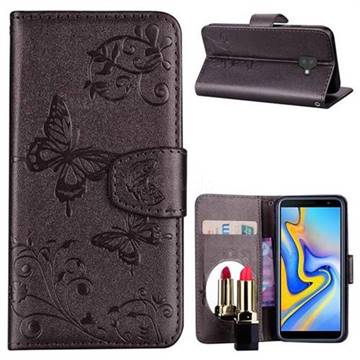 Embossing Butterfly Morning Glory Mirror Leather Wallet Case for Samsung Galaxy J6 Plus / J6 Prime - Silver Gray