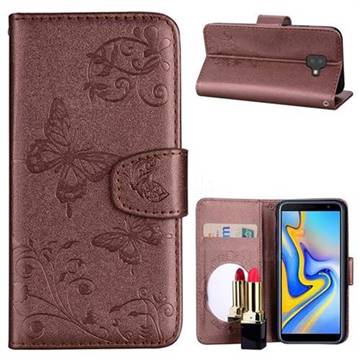 Embossing Butterfly Morning Glory Mirror Leather Wallet Case for Samsung Galaxy J6 Plus / J6 Prime - Coffee