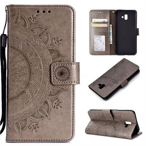 Intricate Embossing Datura Leather Wallet Case for Samsung Galaxy J6 Plus / J6 Prime - Gray