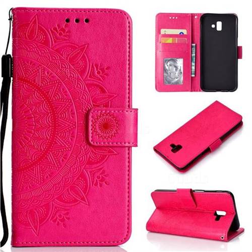 Intricate Embossing Datura Leather Wallet Case for Samsung Galaxy J6 Plus / J6 Prime - Rose Red