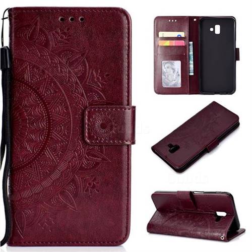 Intricate Embossing Datura Leather Wallet Case for Samsung Galaxy J6 Plus / J6 Prime - Brown