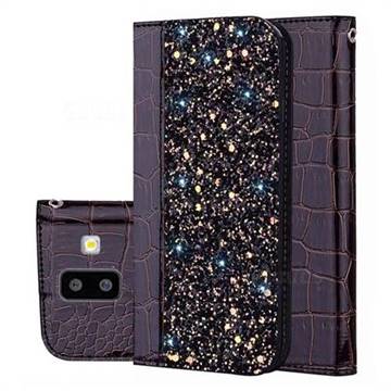 Shiny Crocodile Pattern Stitching Magnetic Closure Flip Holster Shockproof Phone Case for Samsung Galaxy J6 Plus / J6 Prime - Black Brown