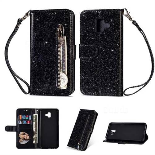 Glitter Shine Leather Zipper Wallet Phone Case for Samsung Galaxy J6 Plus / J6 Prime - Black