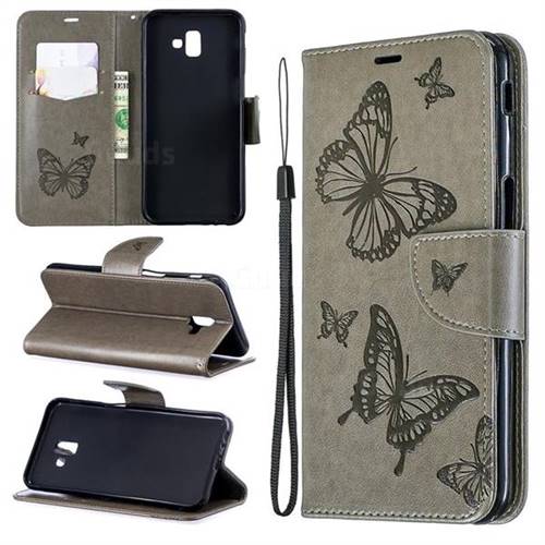 Embossing Double Butterfly Leather Wallet Case for Samsung Galaxy J6 Plus / J6 Prime - Gray