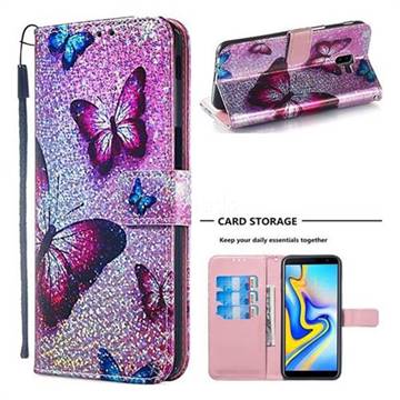 Blue Butterfly Sequins Painted Leather Wallet Case for Samsung Galaxy J6 Plus / J6 Prime