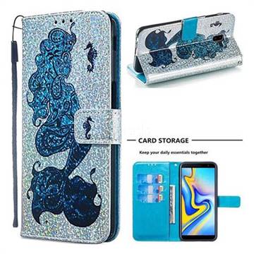 Mermaid Seahorse Sequins Painted Leather Wallet Case for Samsung Galaxy J6 Plus / J6 Prime