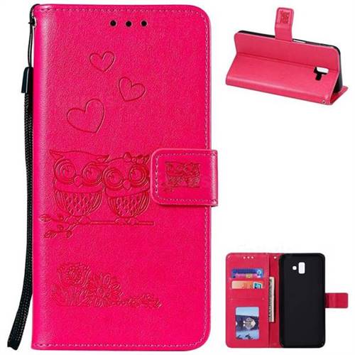 Embossing Owl Couple Flower Leather Wallet Case for Samsung Galaxy J6 Plus / J6 Prime - Red