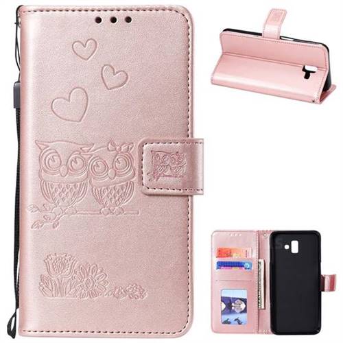 Embossing Owl Couple Flower Leather Wallet Case for Samsung Galaxy J6 Plus / J6 Prime - Rose Gold