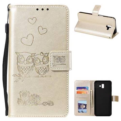 Embossing Owl Couple Flower Leather Wallet Case for Samsung Galaxy J6 Plus / J6 Prime - Golden