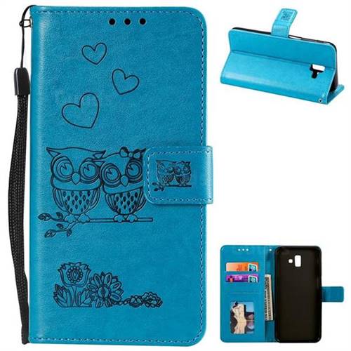 Embossing Owl Couple Flower Leather Wallet Case for Samsung Galaxy J6 Plus / J6 Prime - Blue