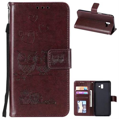Embossing Owl Couple Flower Leather Wallet Case for Samsung Galaxy J6 Plus / J6 Prime - Brown