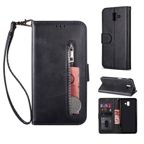 Retro Calfskin Zipper Leather Wallet Case Cover for Samsung Galaxy J6 Plus / J6 Prime - Black