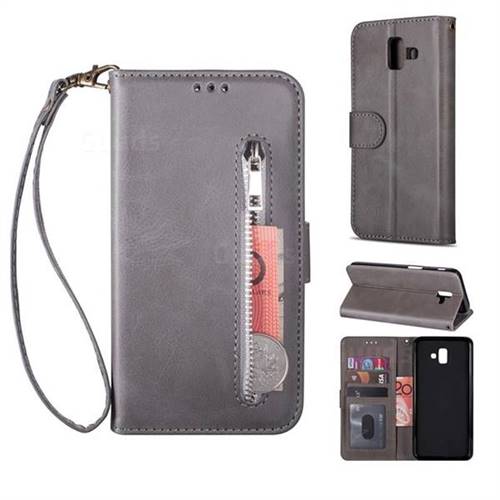 Retro Calfskin Zipper Leather Wallet Case Cover for Samsung Galaxy J6 Plus / J6 Prime - Grey