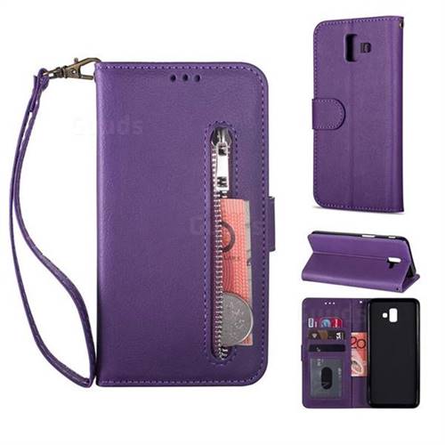 Retro Calfskin Zipper Leather Wallet Case Cover for Samsung Galaxy J6 Plus / J6 Prime - Purple