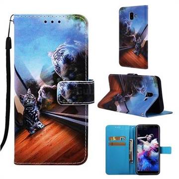 Mirror Cat Matte Leather Wallet Phone Case for Samsung Galaxy J6 Plus / J6 Prime