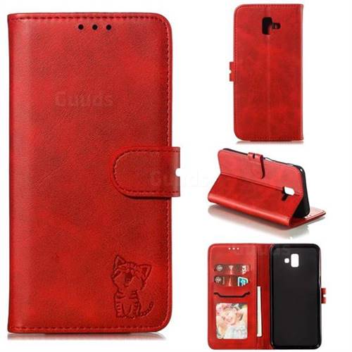 Embossing Happy Cat Leather Wallet Case for Samsung Galaxy J6 Plus / J6 Prime - Red
