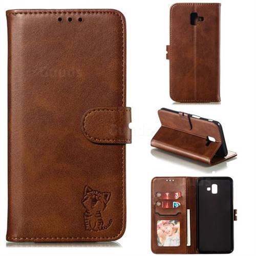 Embossing Happy Cat Leather Wallet Case for Samsung Galaxy J6 Plus / J6 Prime - Brown