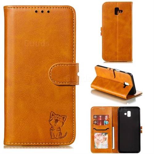 Embossing Happy Cat Leather Wallet Case for Samsung Galaxy J6 Plus / J6 Prime - Yellow