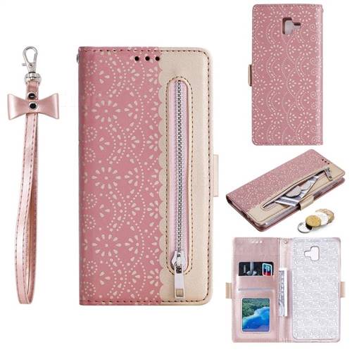Luxury Lace Zipper Stitching Leather Phone Wallet Case for Samsung Galaxy J6 Plus / J6 Prime - Pink
