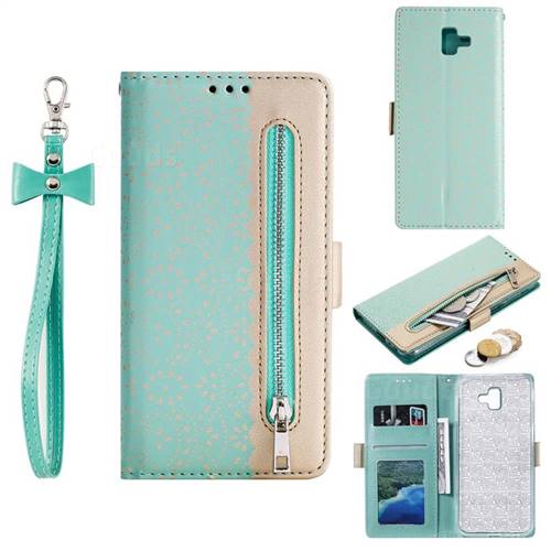 Luxury Lace Zipper Stitching Leather Phone Wallet Case for Samsung Galaxy J6 Plus / J6 Prime - Green