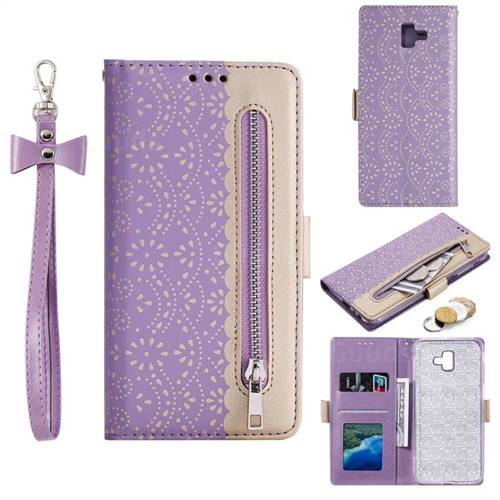 Luxury Lace Zipper Stitching Leather Phone Wallet Case for Samsung Galaxy J6 Plus / J6 Prime - Purple