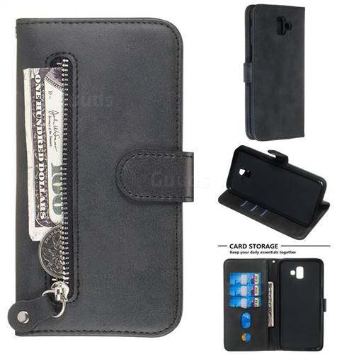 Retro Luxury Zipper Leather Phone Wallet Case for Samsung Galaxy J6 Plus / J6 Prime - Black