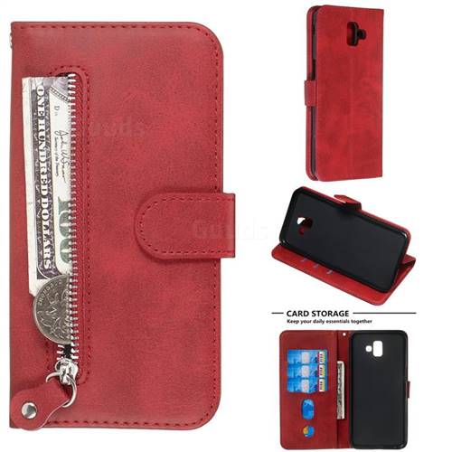 Retro Luxury Zipper Leather Phone Wallet Case for Samsung Galaxy J6 Plus / J6 Prime - Red