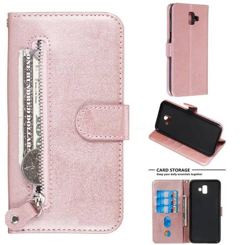 Retro Luxury Zipper Leather Phone Wallet Case for Samsung Galaxy J6 Plus / J6 Prime - Pink