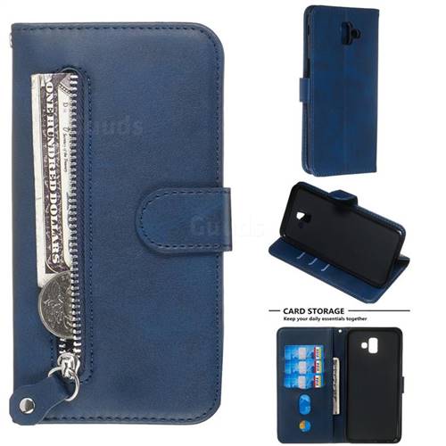 Retro Luxury Zipper Leather Phone Wallet Case for Samsung Galaxy J6 Plus / J6 Prime - Blue