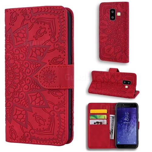 Retro Embossing Mandala Flower Leather Wallet Case for Samsung Galaxy J6 Plus / J6 Prime - Red
