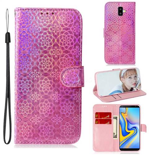 Laser Circle Shining Leather Wallet Phone Case for Samsung Galaxy J6 Plus / J6 Prime - Pink