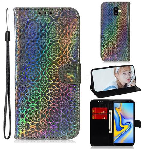 Laser Circle Shining Leather Wallet Phone Case for Samsung Galaxy J6 Plus / J6 Prime - Silver