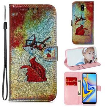 Glasses Fox Laser Shining Leather Wallet Phone Case for Samsung Galaxy J6 Plus / J6 Prime