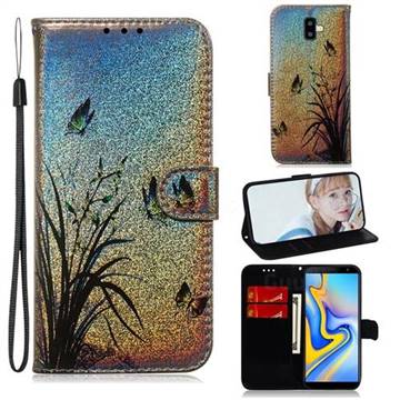 Butterfly Orchid Laser Shining Leather Wallet Phone Case for Samsung Galaxy J6 Plus / J6 Prime