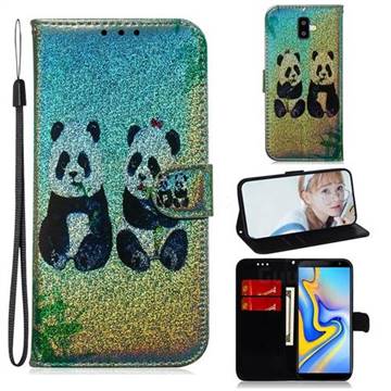 Two Pandas Laser Shining Leather Wallet Phone Case for Samsung Galaxy J6 Plus / J6 Prime