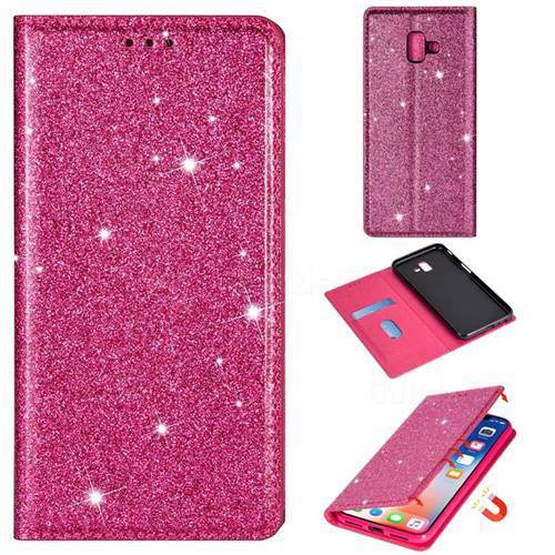 Ultra Slim Glitter Powder Magnetic Automatic Suction Leather Wallet Case for Samsung Galaxy J6 Plus / J6 Prime - Rose Red