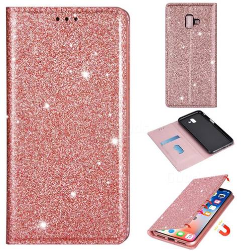 Ultra Slim Glitter Powder Magnetic Automatic Suction Leather Wallet Case for Samsung Galaxy J6 Plus / J6 Prime - Rose Gold