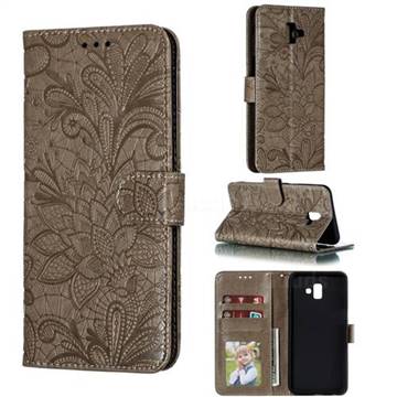 Intricate Embossing Lace Jasmine Flower Leather Wallet Case for Samsung Galaxy J6 Plus / J6 Prime - Gray