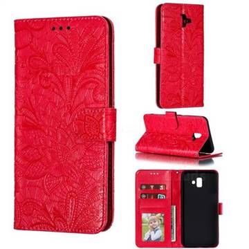 Intricate Embossing Lace Jasmine Flower Leather Wallet Case for Samsung Galaxy J6 Plus / J6 Prime - Red