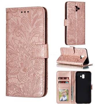 Intricate Embossing Lace Jasmine Flower Leather Wallet Case for Samsung Galaxy J6 Plus / J6 Prime - Rose Gold