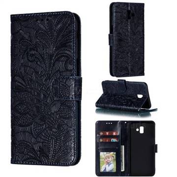 Intricate Embossing Lace Jasmine Flower Leather Wallet Case for Samsung Galaxy J6 Plus / J6 Prime - Dark Blue